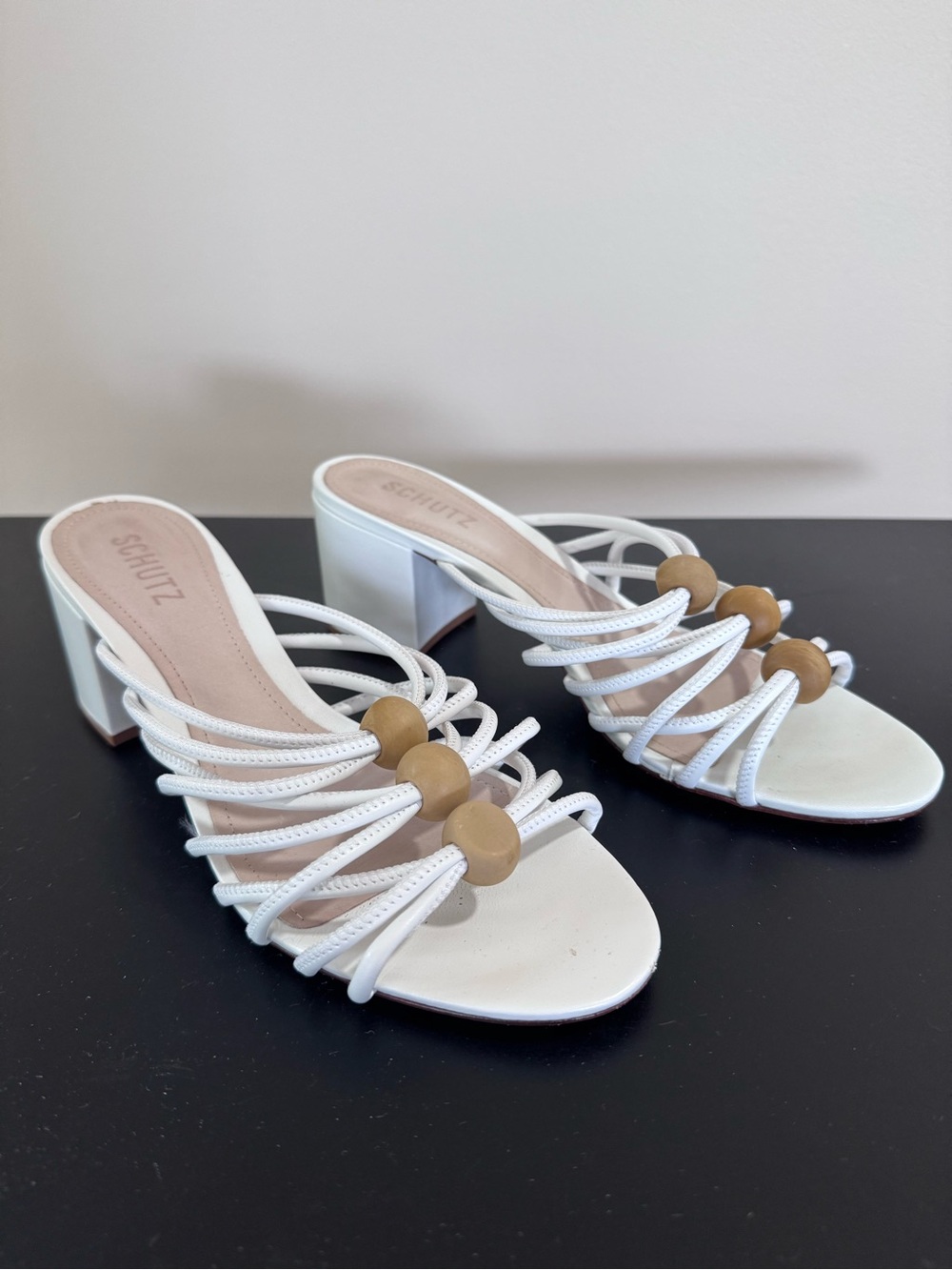 SCHUTZ Roanna White Strappy Block Heel Sandles with Tan Bead Accents